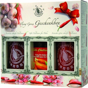 Flying Goose Sriracha Chillisaucen in Geschenkbox