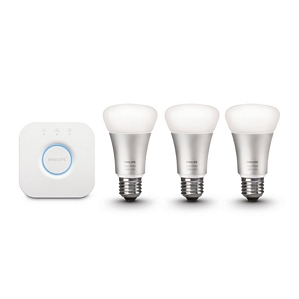 Philips Hue LED Lampe 10 W A60 E27 Starter Set inklusive Bridge 3-er Set dimmbar 16 Mio Farben app-gesteuert 8718696461693 [Energieklasse A]