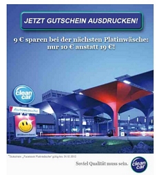 Über Facebook 9 Euro Rabatt für die nächste CleanCar-Platinwäsche erhalten (10 Euro statt 19 Euro)
