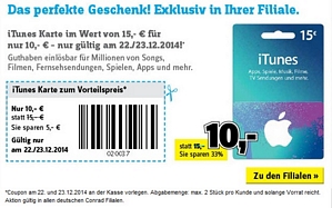 Conrad: 15 Euro iTunes-Karte für 10 Euro