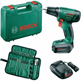 Akku-Bohrschrauber Bosch PSR 14,4 LI + 39tlg. World-Cup-Set