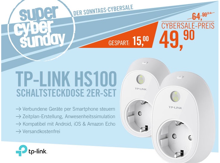 TP-LINK HS100 WLAN Schaltsteckdose weiß Doppelpack