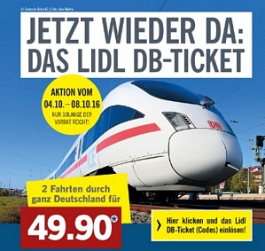 LIDL: 2 Fahrten mit der Deutschen Bahn in der 2. Klasse durch ganz Deutschland für nur 49,90 Euro