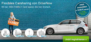 DriveNow: Mit der IKEA Family-Card für nur 9,98 Euro statt 29 Euro anmelden und sich 30 Minuten Fahrguthaben + 10 Euro IKEA-Gutschein sichern