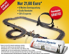 FAZ Frankfurter Allgemeine Sonntagszeitung für 8 Wochen lesen und eine Rennbahn kostenlos erhalten