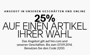 H&M: 25% Rabatt auf einen Artikel (ausgenommen Sale-Ware) + kostenloser Versand