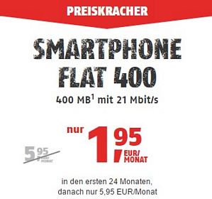 Klarmobil Smartphone Flat 400 – 100 Freiminuten und 400MB Datenvolumen für nur 1,95 Euro / Monat