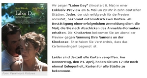 Kostenlos zu Zweit ins Kino: Labor Day (heute ab 17:00 Uhr)