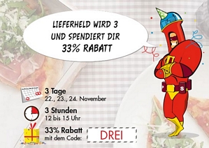 Lieferheld: 33 Prozent Rabatt für Bestellung von 12 – 15 Uhr am 22., 23. und 24. November