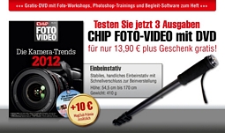 MAGclub: 3 Ausgaben CHIP Foto-Video mit DVD + Einbeinstativ + 10 Euro Shopping-Bon-Gutschein für 13,90 Euro