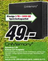 Media Markt: Externe Festplatte CnMemory Spaceloop 1TB für 49 Euro
