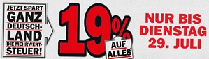 Media Markt: Mehrwertsteuerfrei – 19 Prozent Rabatt (heute online, bist Dienstag offline in den Märkten)