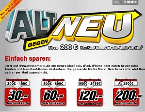 Media Markt: Alt gegen Neu – MacBook, iPad, iPhone oder einen neuen iMac kaufen und bis zu 200 Euro Geschenkkarte bekommen