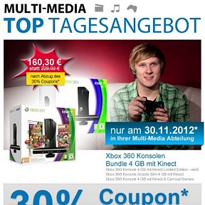 Nur morgen: Xbox360 4GB + Kinect Sensor + Carnival Games für nur 160,30 Euro