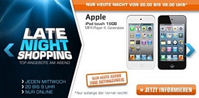 Saturn Latenight-Shopping am 11. September 2013 z.B. mit dem Apple iPod Touch 4G (idealo: 138,50 Euro)