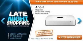 Saturn Latenight-Shopping am 25. September 2013 z.B. mit dem Apple Mac mini 2,5 GHz dual-Core Intel Core i5 MD387D/A (idealo: rund 739 Euro)