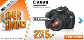 Saturn Super Sunday-Angebote am 18. August u.a. mit der Spiegelreflexkamera Canon EOS 1100D 18-55mm für 275 Euro (idealo: 320 Euro)