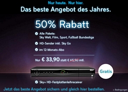 Sky: Bestes Angebot des Jahres – alle Pakete im 12-Monats-Abo für 33,90 Euro statt 65,90 Euro