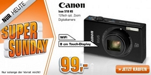 Saturn Super Sunday-Angebote am 28. Juli u.a. mit der Spiegelreflexkamera Canon IXUS 510 HS Digitalkamera für 99 Euro (idealo: 134 Euro)