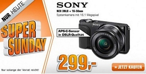 Saturn Super Sunday-Angebote am 11. August u.a. mit der Systemkamera Sony NEX 3 NLB+16-50mm für 299 Euro (idealo: 343 Euro)