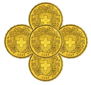 5x 20 Schweizer Franken Vreneli zum Spotpreis