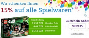 Thalia Onlineshop: 15 Prozent Rabatt auf Spielwaren (nur heute)