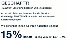Tom Tailor: 15 Prozent Rabatt auf reguläre Ware (10. – 13. Mai 2012)