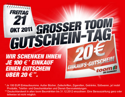 toom Baumarkt: Gutschein-Tag mit 20 Euro Einkaufsgutschein pro 100 Euro Einkaufswert erhalten