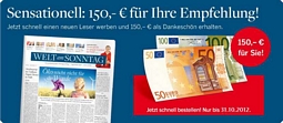 Jahresabo Welt am Sonntag für effektiv 21,60 Euro statt 171,60 Euro (150 Euro Barprämie)