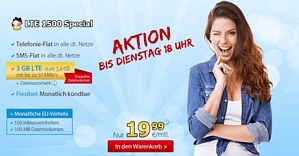 DeutschlandSIM LTE1500 Special – 3GB Datenvolumen, Allnet-Flat, SMS-Flat, Telefonieren und Surfen im Ausland für nur 19,99 Euro (monatlich kündbar)