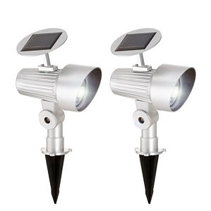 2er-Set Solar LED-Strahler mit Erdspiess / Garten Solarlampe Solarleuchte silber