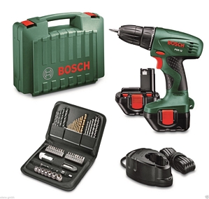Bosch Akkuschrauber PSR 12 grün Schrauben LED-Licht Softgrip 700U/min + 2 Akkus + 51 tlg. Zubehörset