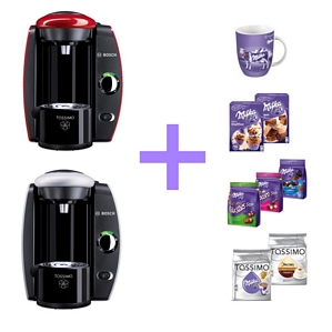 Kapselmaschine Bosch Tassimo T40 Fidelia + Tasse + 2x T Disc + 5tlg. Milka Set