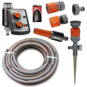 Gardena Megapack –  10m Gartenschlauch + 2x Schlauch- und 1x Hahn-Anschlußstück +  Bewässerungsuhr T 1030 Plus + Batterie + Kreisregner Vario