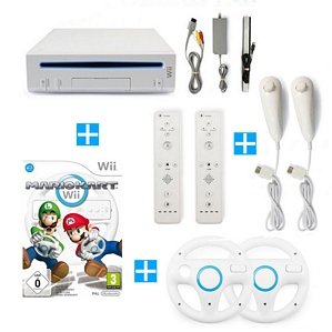 Nintendo Wii Konsole + Mario Kart+ 2 Remotes + 2 Nunchuks + 2 Lenkräder