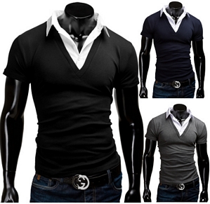 Merish Herren Polo Shirt Kurzarm Hemd V-Ausschnitt Slim Fit