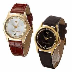 Yves Camani Golden Twinkle Damenuhr vergoldet Lederarmband