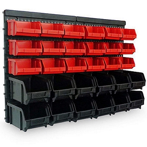 Wandregal + Stapelboxen 32 tlg Box Werkstatt Regal Lagerregal Steckregal schwarz