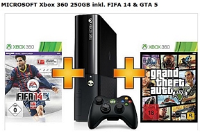 Saturn: Xbox 360 250GB Slim inkl. FIFA 14 und GTA 5
